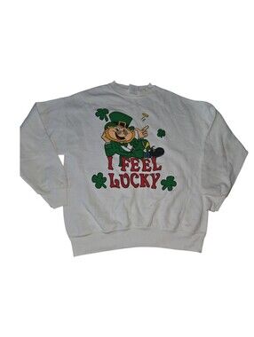 Vintage Men's White 'I Feel Lucky' Graphic Sweatshirt Size L